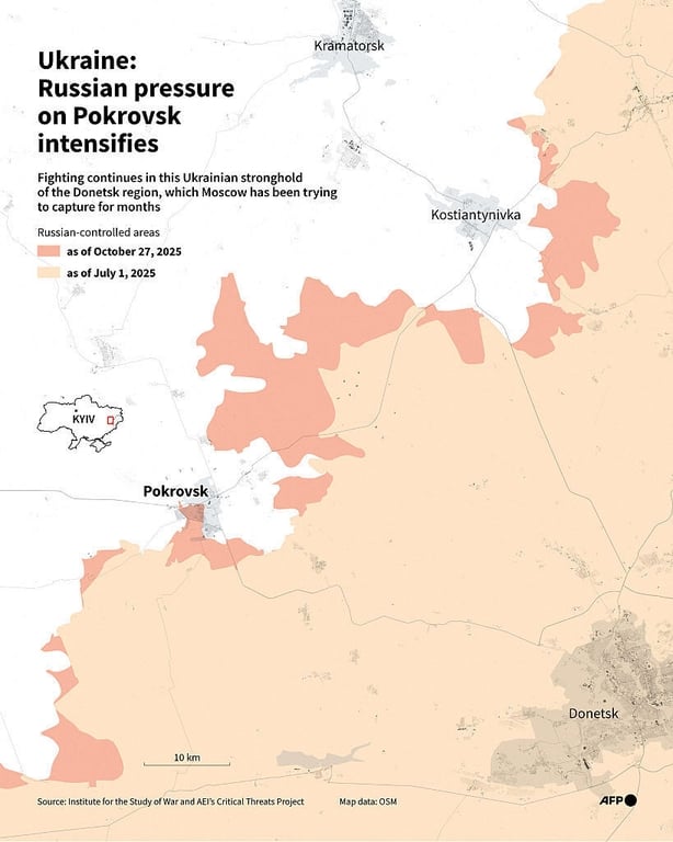 Infographic showing the zones controlled by Russian forces around the eastern Ukrainian city of Pokrovsk