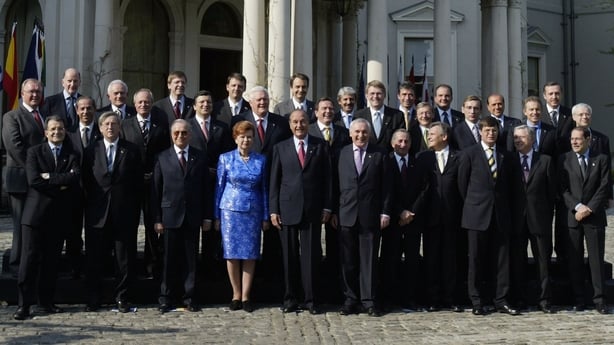 Leaders of new European Union member states pose for a group photo during the Day of Welcomes ceremony May 1, 2004 in Dublin