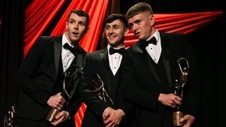 7 November 2025; Kilkenny hurler Huw Lawlor, left, Tipperary hurler Robert Doyle, centre, and Tipperary hurler Rhys Shelly with their awards during the 2025 PwC GAA/GPA All-Star Awards at the RDS in Dublin. Photo by Brendan Moran/Sportsfile