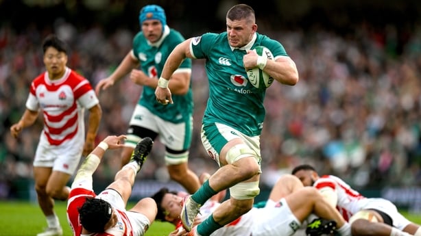 8 November 2025; Nick Timoney of Ireland on his way to scoring his side's second try during the Quilter Nations Series 2025 match between Ireland and Japan at the Aviva Stadium in Dublin. Photo by Brendan Moran/Sportsfile