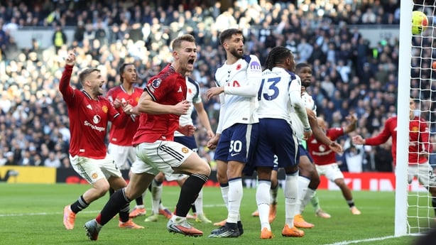 LONDON, ENGLAND - NOVEMBER 8: Matthijs de Ligt of Manchester United celebrates scoring an equalising goal in injury time to bring the score to 2-2 during the Premier League match between Tottenham Hotspur and Manchester United at Tottenham Hotspur Stadium on November 8, 2025 in London, England. (Pho
