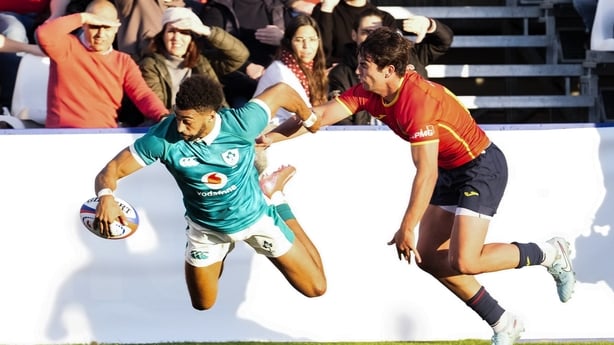 Robert Baloucoune of Ireland A dives over to score his side a try during the representative fixture rugby union match between Spain and Ireland A at Estadio Municipal de Butarque in Leganés