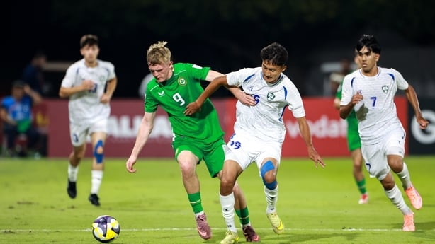 Doha , Qatar - 8 November 2025; Michael Noonan of Republic of Ireland in action against Azizbek Erimbetov of Uzbekistan during the FIFA Under-17 World Cup Group J match between Republic of Ireland and Uzbekistan at Aspire Zone in Doha, Qatar. (Photo By Nikola Krstic/Sportsfile via Getty Images)