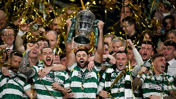 9 November 2025; Roberto Lopes of Shamrock Rovers lifts the FAI Cup after the 2025 Sports Direct Men's FAI Cup Final match between Shamrock Rovers and Cork City at the Aviva Stadium in Dublin. Photo by Seb Daly/Sportsfile
