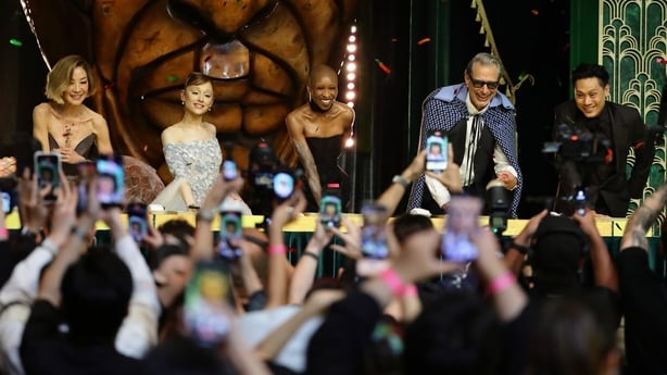 SINGAPORE, SINGAPORE - NOVEMBER 13: Michelle Yeoh , Ariana Grande , Cynthia Erivo , Jeff Goldblum and Jon M. Chu during the handprint ceremony at the 