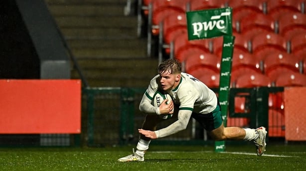 Conor O'Shaughnessy of Ireland scores a try uring the U20 Challenge Match between Ireland and South Africa at Virgin Media Park in Cork.