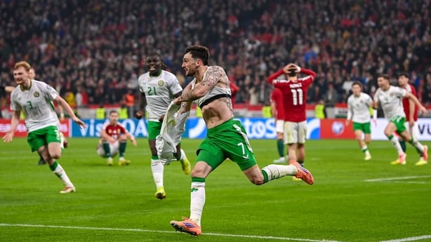 16 November 2025; Troy Parrott of Republic of Ireland celebrates after scoring his side's third goal during the FIFA World Cup 2026 Group F Qualifier match between Hungary and Republic of Ireland at Puskás Aréna in Budapest, Hungary. Photo by Stephen McCarthy/Sportsfile