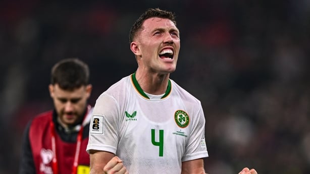 16 November 2025; Dara O'Shea of Republic of Ireland celebrates after the FIFA World Cup 2026 Group F Qualifier match between Hungary and Republic of Ireland at Puskás Aréna in Budapest, Hungary. Photo by Ben McShane/Sportsfile