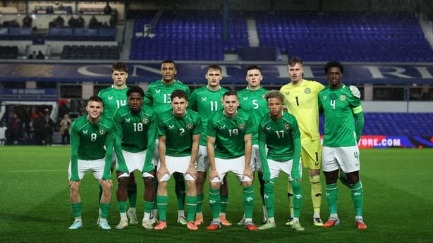 The Republic of Ireland team, back row, from left, Conor McManus, David Okagbue, Mason Melia, Sean Grehan, goalkeeper Noah Jauny and James Abankwah, with, front row, Adam Murphy, Romeo Akachukwu, Jacob Devaney, Darius Lipsiuc and Trent Kone-Doherty before the UEFA European U21 Championship qualifier