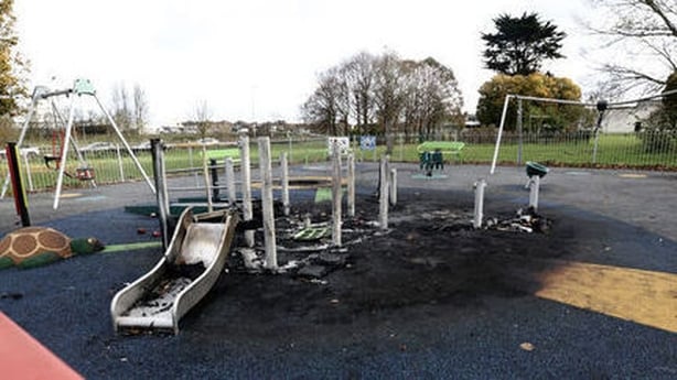Picture shows a playground damaged following a fire