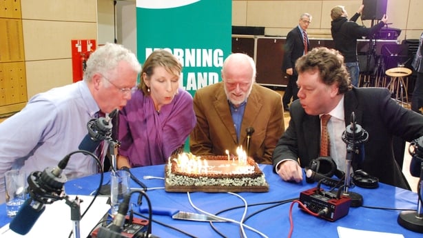 From left to right; Cathal MacCoille, Áine Lawlor, David Hanly and David Davin-Power. David Hanly and David Davin-Power were the very first presenters of 'Morning Ireland'. 