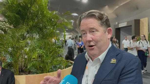 Minister for Climate Darragh O'Brien speaking at COP30