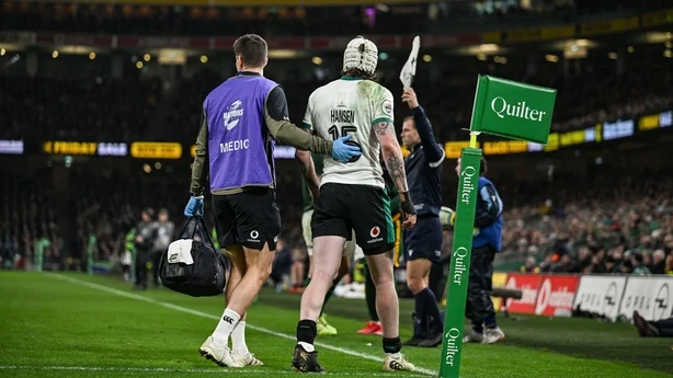 22 November 2025; Mack Hansen of Ireland leaves the pitch with an injury during the Quilter Nations Series 2025 match between Ireland and South Africa at the Aviva Stadium in Dublin. Photo by Brendan Moran/Sportsfile