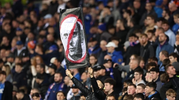 Rangers fans protest against Rangers chief executive Patrick Stewart during the Europa League game against Roma earlier this month