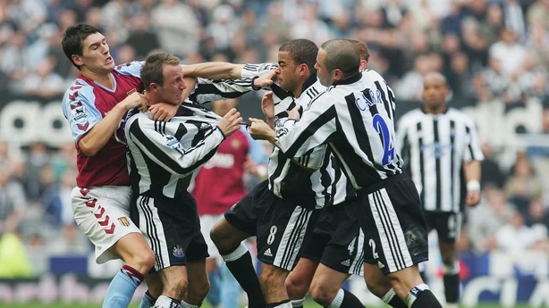 NEWCASTLE, ENGLAND - APRIL 2 : Lee Bowyer and Kieron Dyer of Newcastle come to blows during the FA Barclays Premiership match between Newcastle United and Aston Villa at St James Park on April 2, 2005 in Newcastle, England. (Photo by Laurence Griffiths/Getty Images) *** Local Caption *** Lee Bowyer;