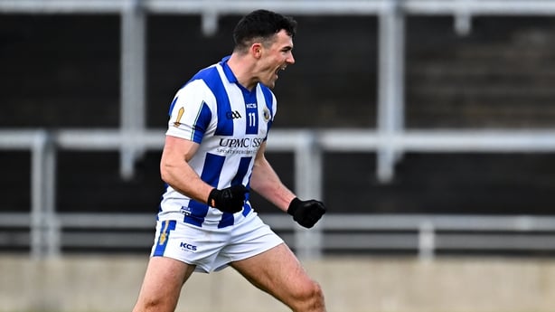 29 November 2025; Colm Basquel of Ballyboden St Enda's celebrates scoring his side's second goal, a penalty, during the AIB Leinster GAA Football Senior Club Championship semi-final match between Tullamore and Ballyboden St Enda's at Glenisk O'Connor Park in Tullamore, Offaly. Photo by Piaras Ó Mídh