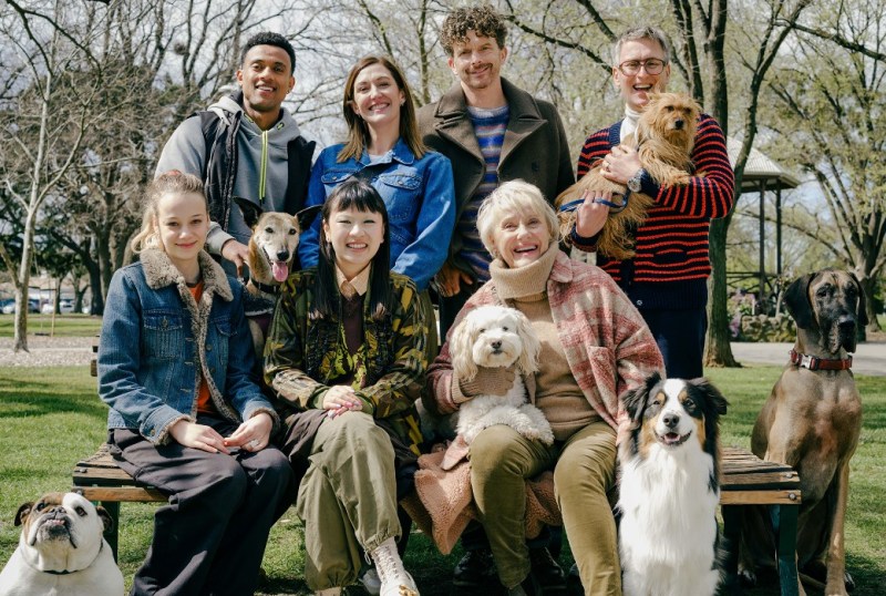 A diverse group of seven people and five dogs pose together on a park bench, surrounded by trees. The individuals display a range of ages and ethnicities, showcasing their pets in a friendly outdoor setting. This image captures the joy of companionship and the bond between humans and dogs.