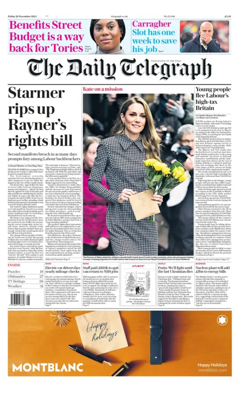 "Starmer rips up Rayner's rights bill," reads the headline on the front page of the Daily Telegraph