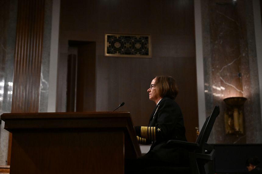 Admiral Lisa M. Franchetti listens to opening statements in Senate Armed Services Hearings to examine her nomination for reappointment to the grade of admiral and to be Chief of Naval Operations, Department of Defense, at the Dirksen Senate Office Building in Washington, DC, on September 14, 2023.