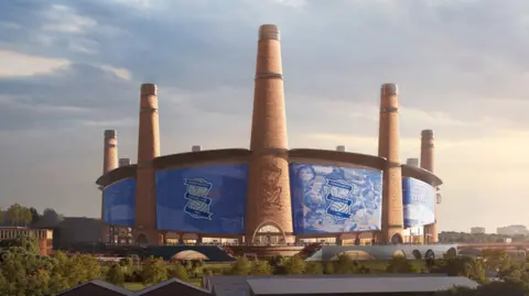 Birmingham City An artist impression of the new stadium. There are several what look like chimneys around the circular ground with the club's blue insignia in each section. 