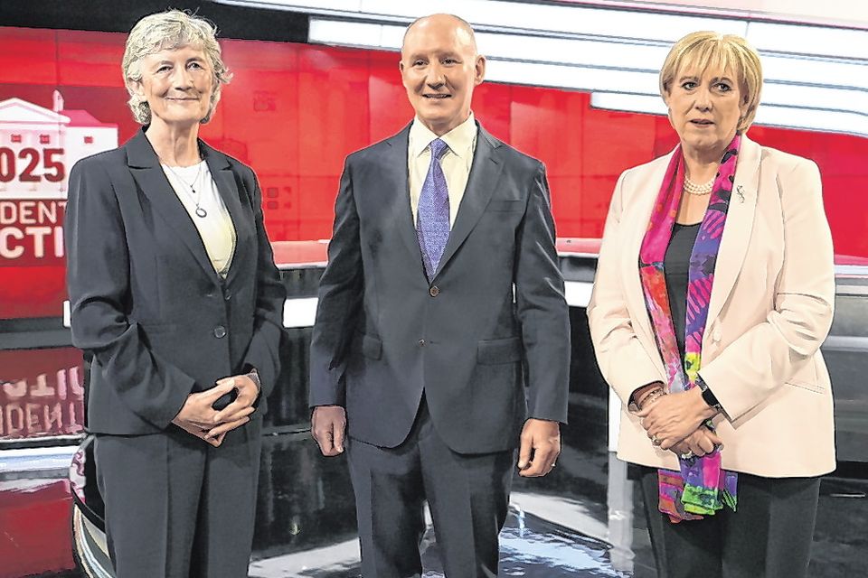 Catherine Connolly, Jim Gavin and Heather Humphreys prior to the start of the first presidential debate on The Tonight Show, at Virgin Media TV Studios. Photo: PA via Getty