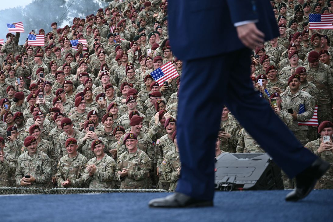 Members of the Army cheer as President Donald Trump arrives to speak at Fort Bragg near Fayetteville, North Carolina, on June 10.