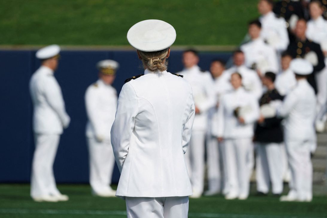Midshipmen wait to march onto the field during the commissioning and graduation ceremony at the US Naval Academy in Annapolis, Maryland, in 2024.