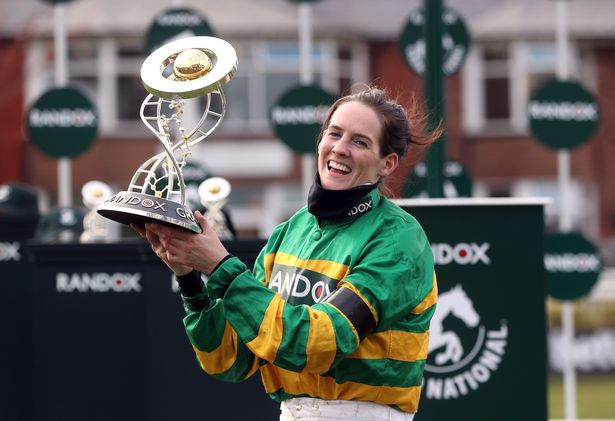Rachael Blackmore celebrates winning the 2021 Grand National.