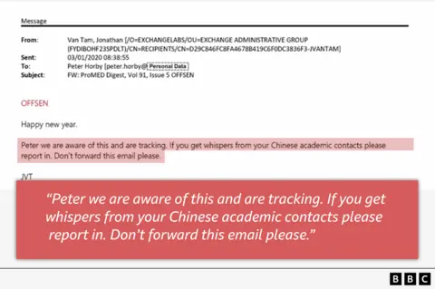 An email from Jonathan Van Tam addressed to Peter Horby saying: "Happy new year. Peter we are aware of this and are tracking. If you get whispers from your Chinese academic contacts please report in. Don't forward this email please."