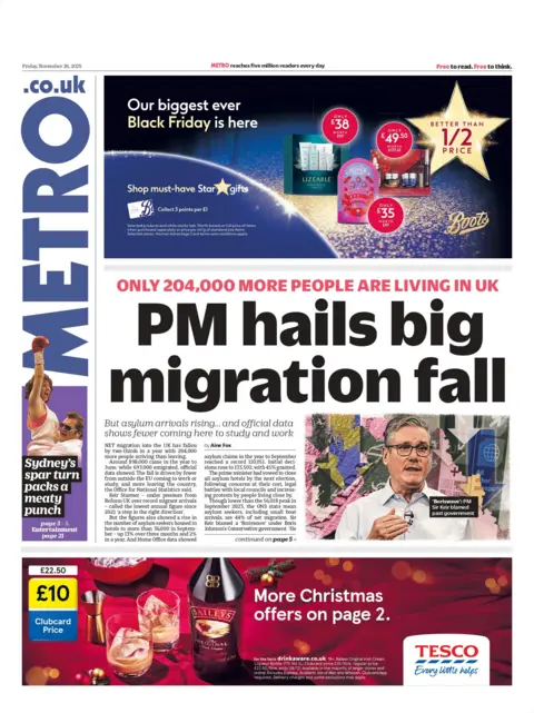 "PM hails big migration fall: Only 204,000 more people are living in UK" reads the headline on the front page of the Metro.
