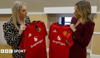 A fake Manchester United shirt held next to a replica shirt