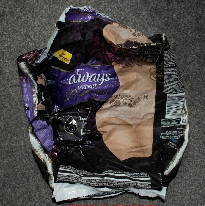 A camera hidden inside a bag of sanitary pads