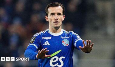 Ben Chilwell gesturing with both hands open to receive the ball while playing for Strasbourg