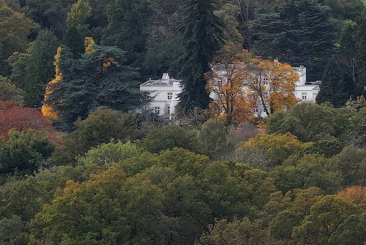 A drone photo of mansion surrounded by trees.
