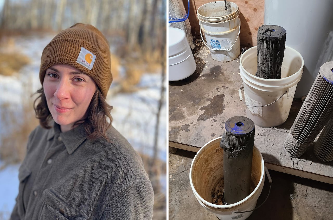 A composite of two images. The one on the left is a woman in a touque, the one on the right is a water filter clogged with dark sand.