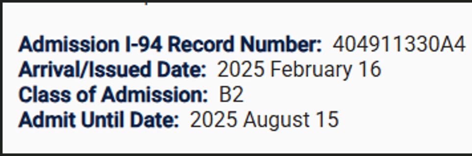 An example of a record of an I-94 form. 