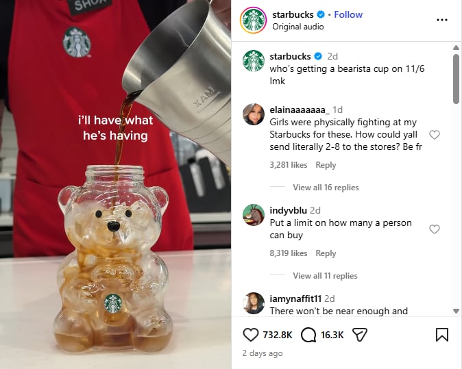 An instagram post from Starbucks that says "who's getting a bearista cup on 11/6 lmk" and shows a person pouring a drink into a  cup shaped like a bear