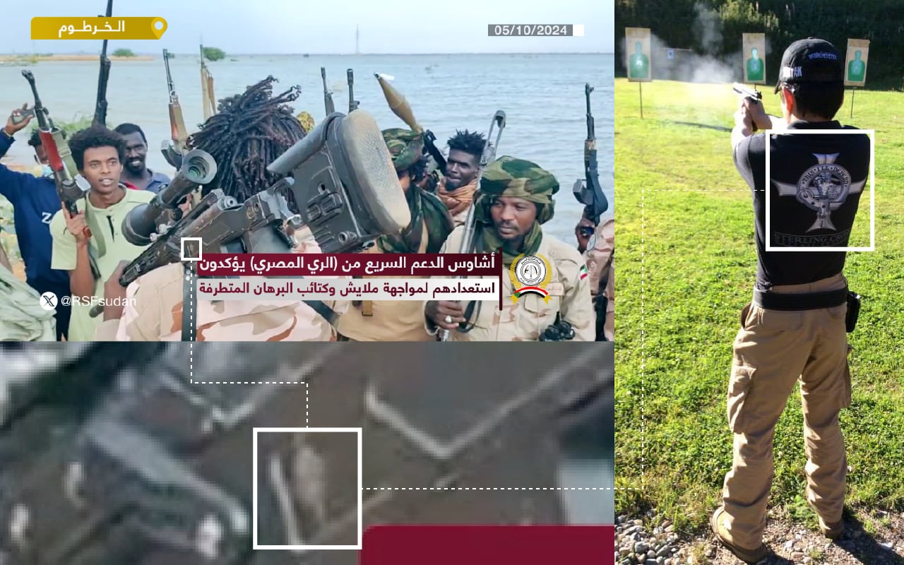 A still from a video published by the RSF shows a fighter holding a rifle with the logo of Sterling Cross Defense Systems. 