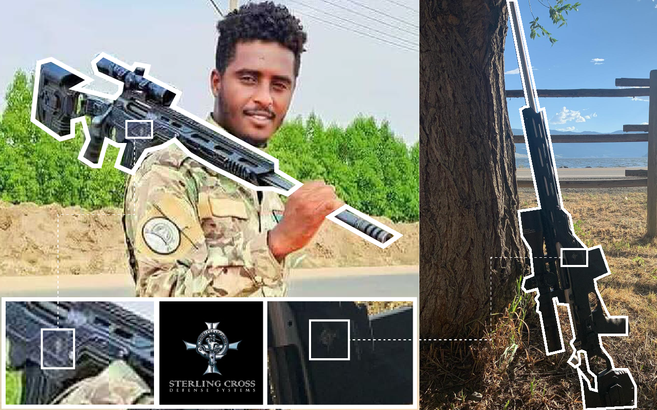 An image of a smiling RSF fighter holding a black sniper rifle is compared to an image of the same rifle on the right. 
