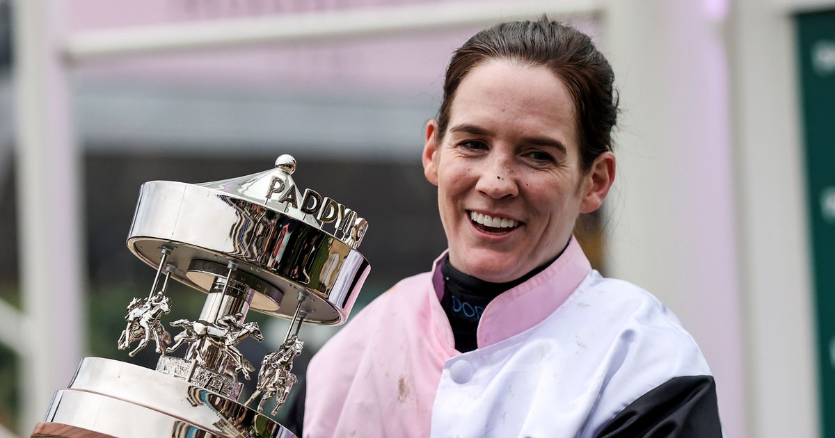 Rachael Blackmore celebrates winning the 2021 Grand National.