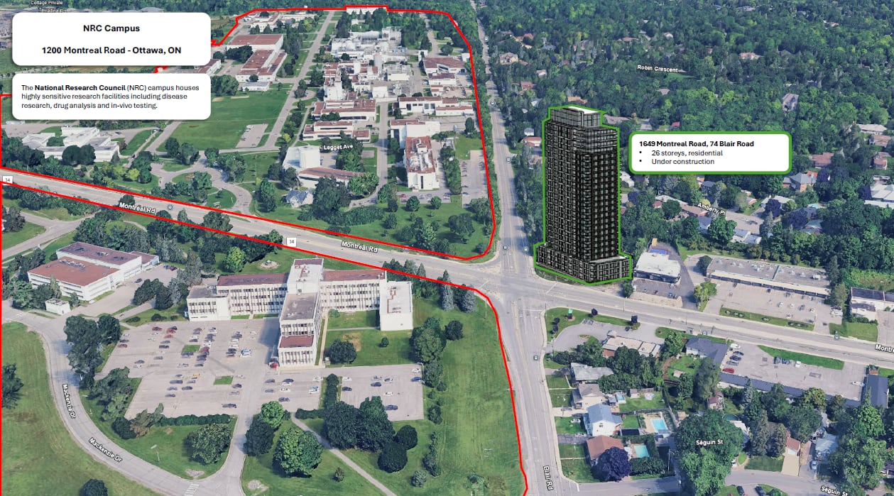 A wide aerial view of an intersection. An apartment tower and two large campuses are highlighted. 