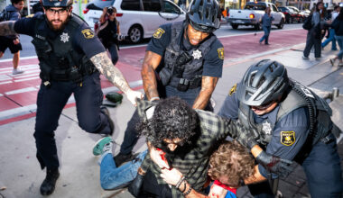 Anti-fascist protesters clash with attendees outside Turning Point event at UC Berkeley