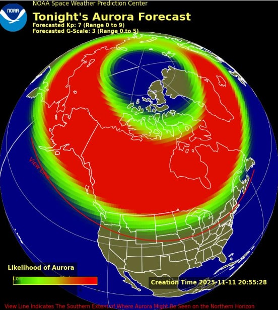 a graphic of the globe with a red and green section showing where solar activity is happening. the red swath covers most of canada
