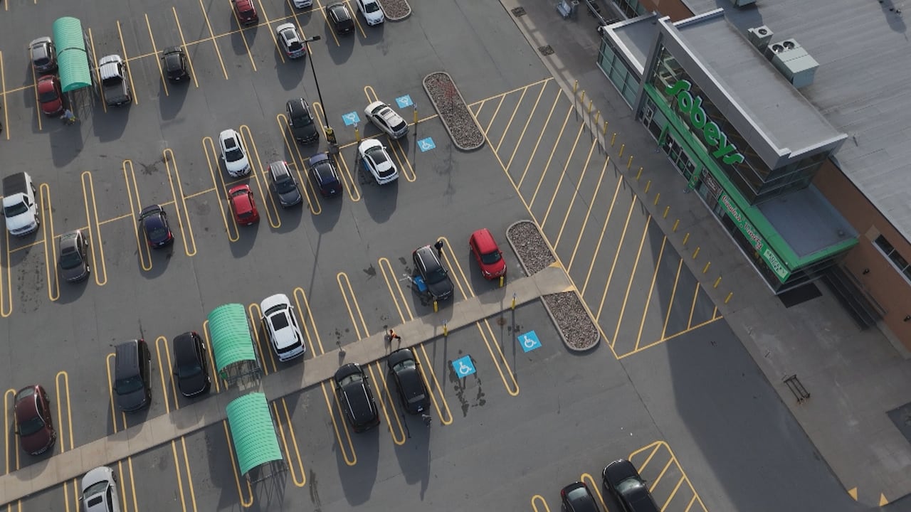 An aerial view of a Sobeys parking lot in the Halifax area.