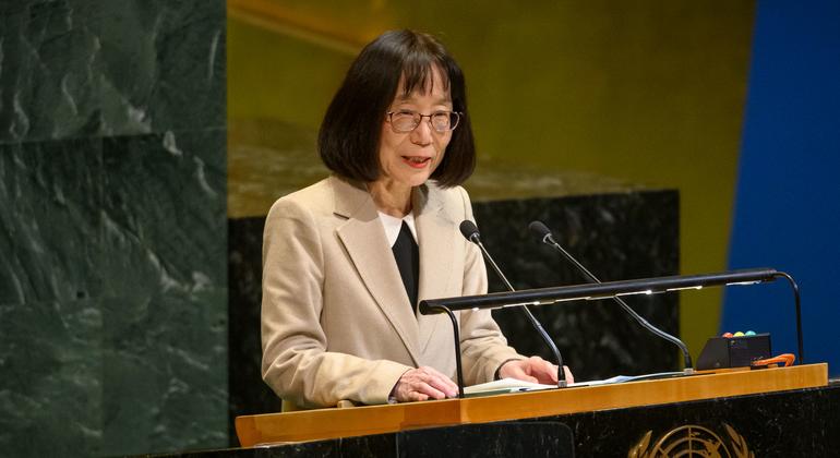 Judge Tomoko Akane, President of the International Criminal Court, delivers the court's report to the UN General Assembly.