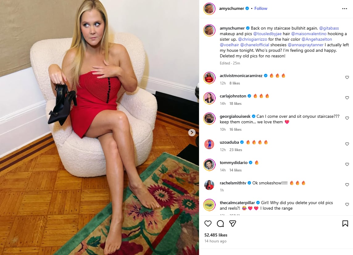 A woman in a red dress poses in a  screen grab  of an instagram post