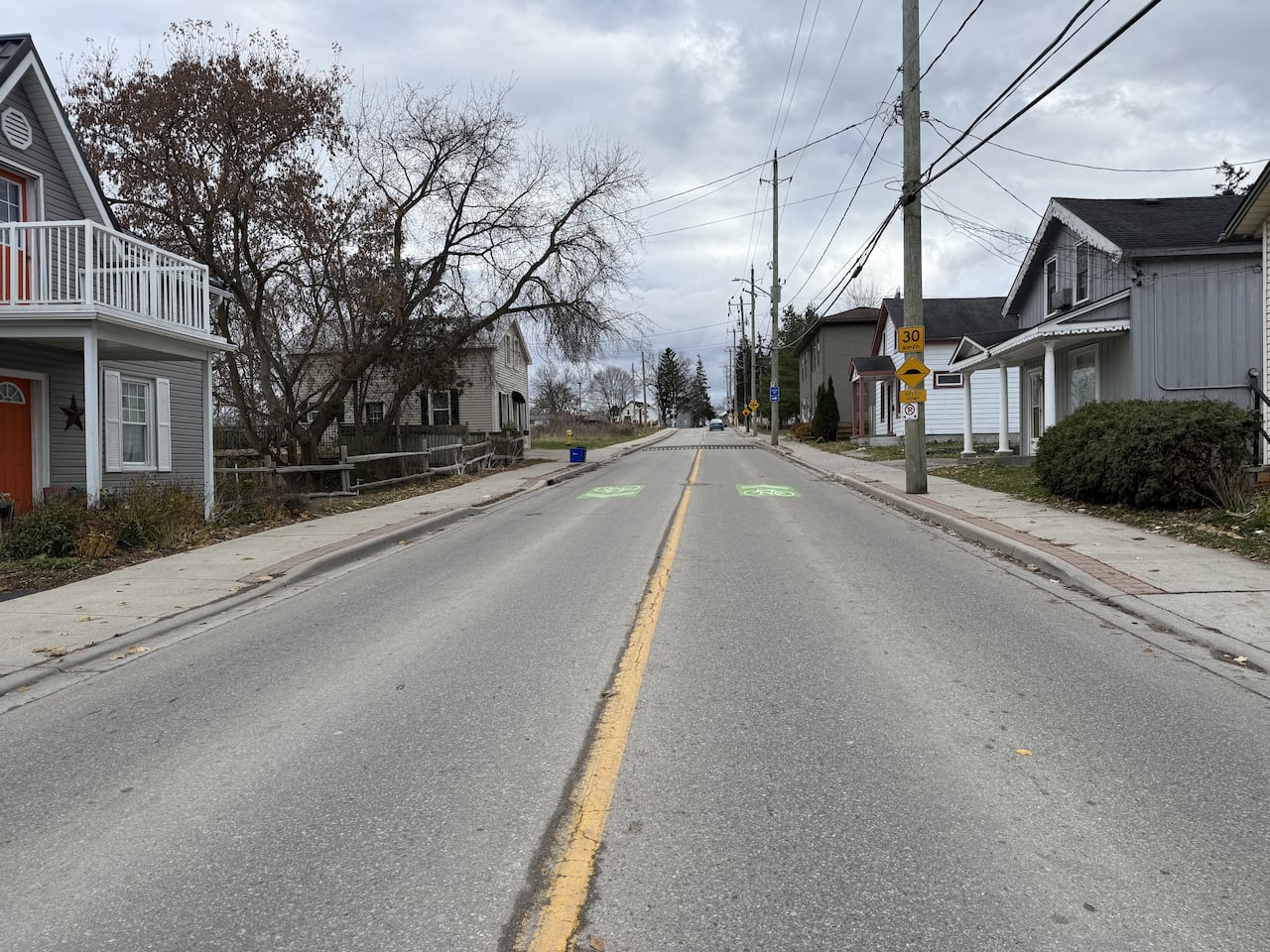 A street with several houses on each side.