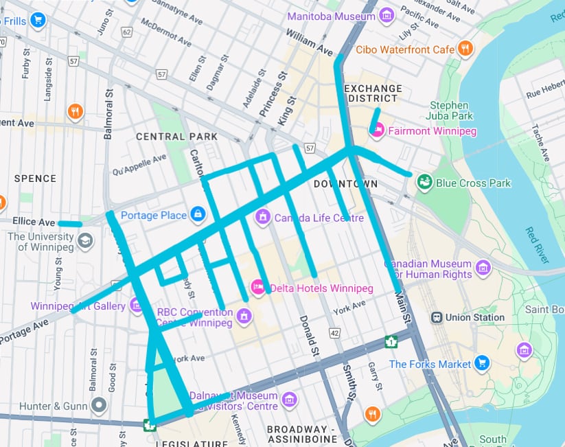 A screenshot of a google map with several roads higlighted