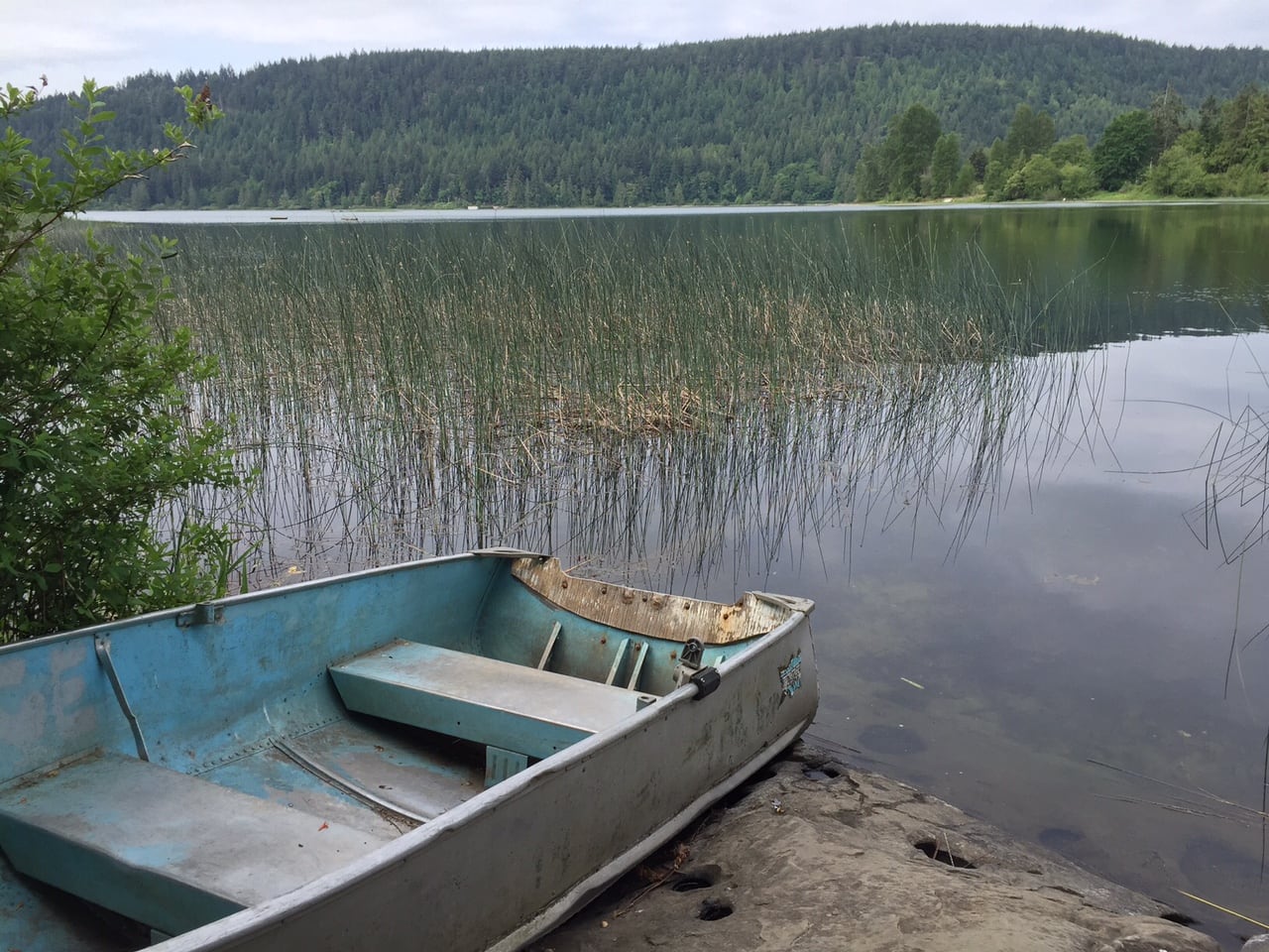 A lake on a cloudy day.