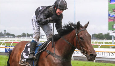 Jockey Tina Comignaghi celebrates a dominant victory by Bozo in the Gr.3 Martin Collins New Zealand Cup (3200m).   Photo: Race Images South